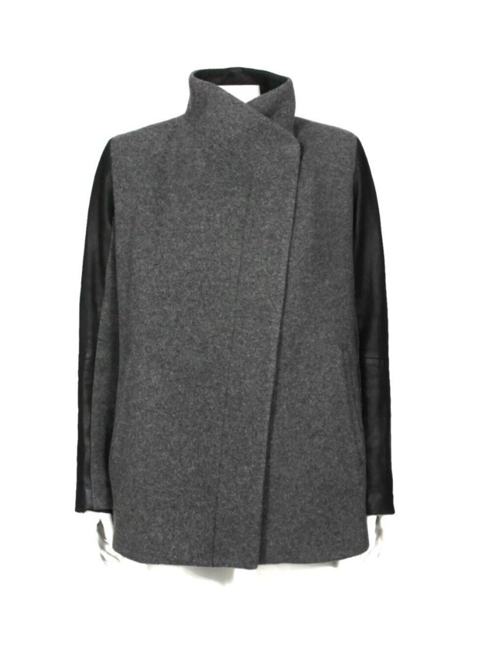 THEORY Gray Virgin Wool Cashmere Lamb Leather Sleeve Snap Coat Jacket sz S /558